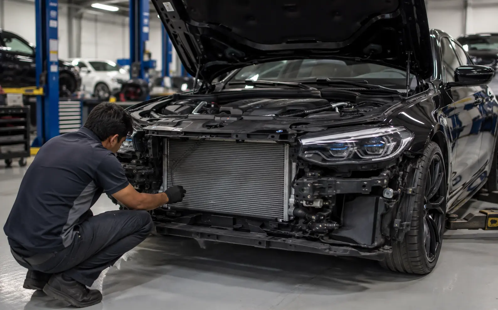 Black BMW M AC inspection in a Dubai workshop