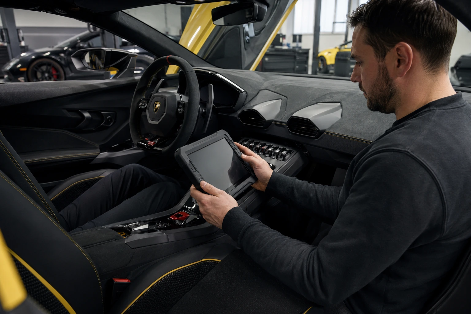 Technician checking performance-car cabin AC controls and vent output