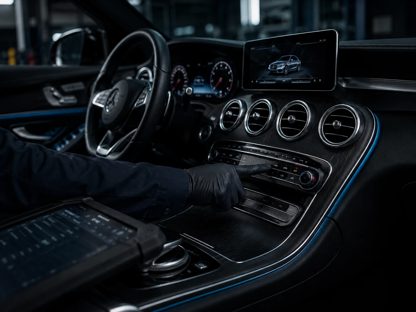 Technician checking Mercedes-Benz climate control settings during AC diagnosis
