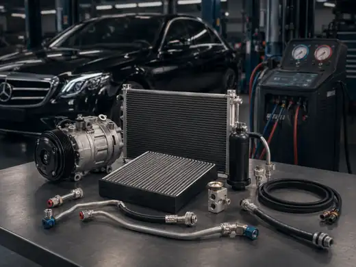 Mercedes-Benz AC compressor condenser filter hoses and service components on a workshop bench