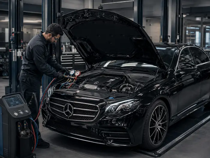 Mercedes-Benz AC workshop diagnosis with refrigerant gauges and service equipment
