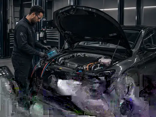 Mercedes-Benz electric or hybrid vehicle AC and thermal management diagnostics in a workshop