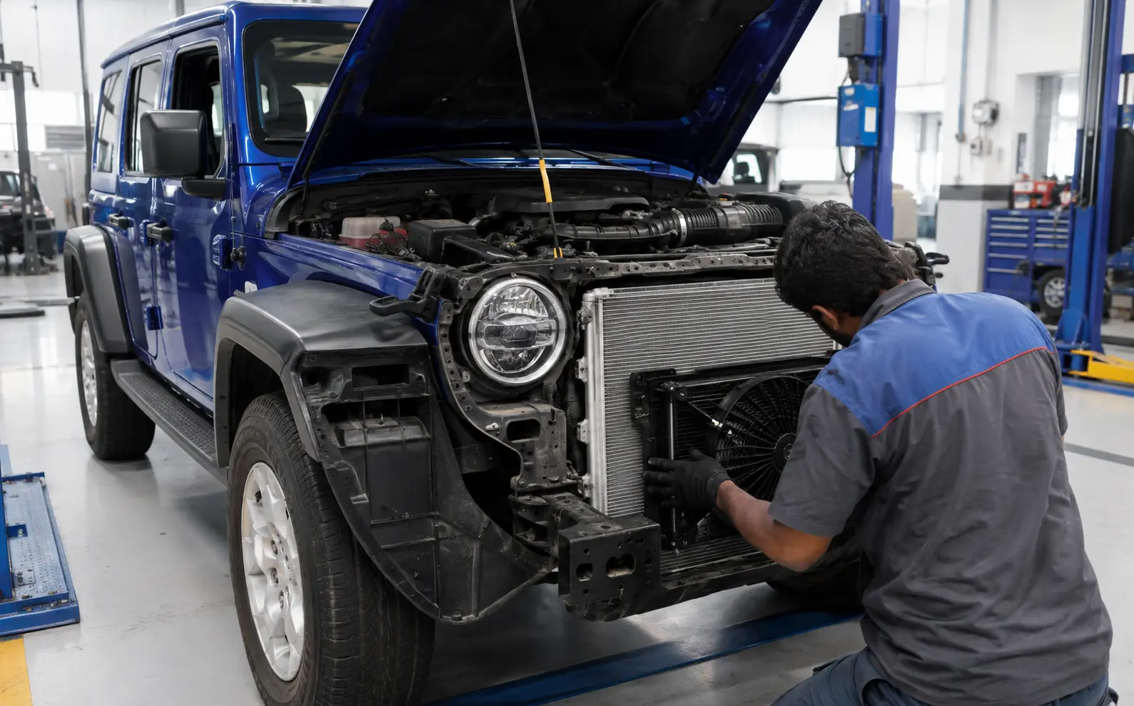 Blue Jeep Wrangler AC inspection in a Dubai workshop