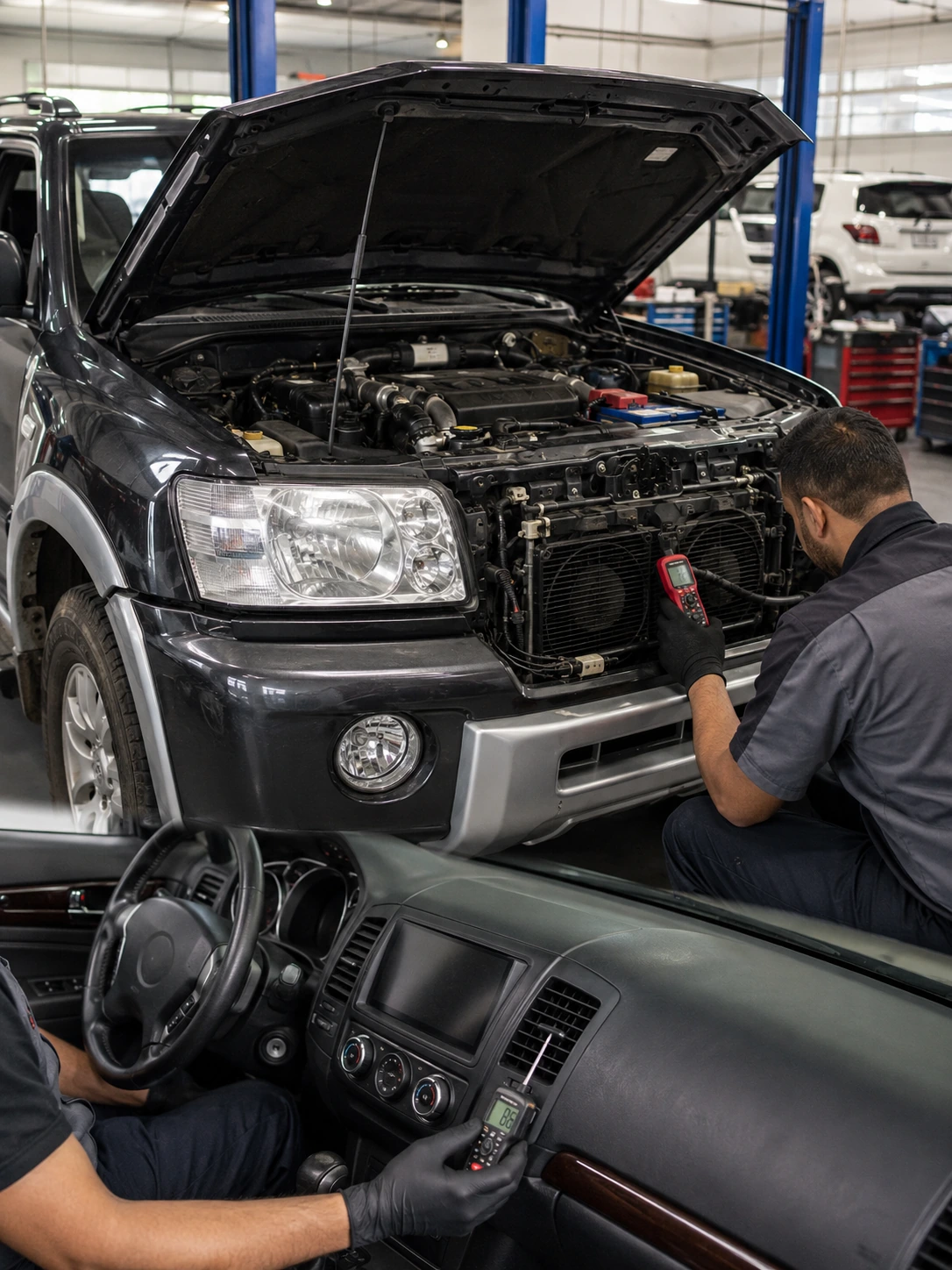 Technician testing Mitsubishi SUV AC condenser fan response and idle cooling performance