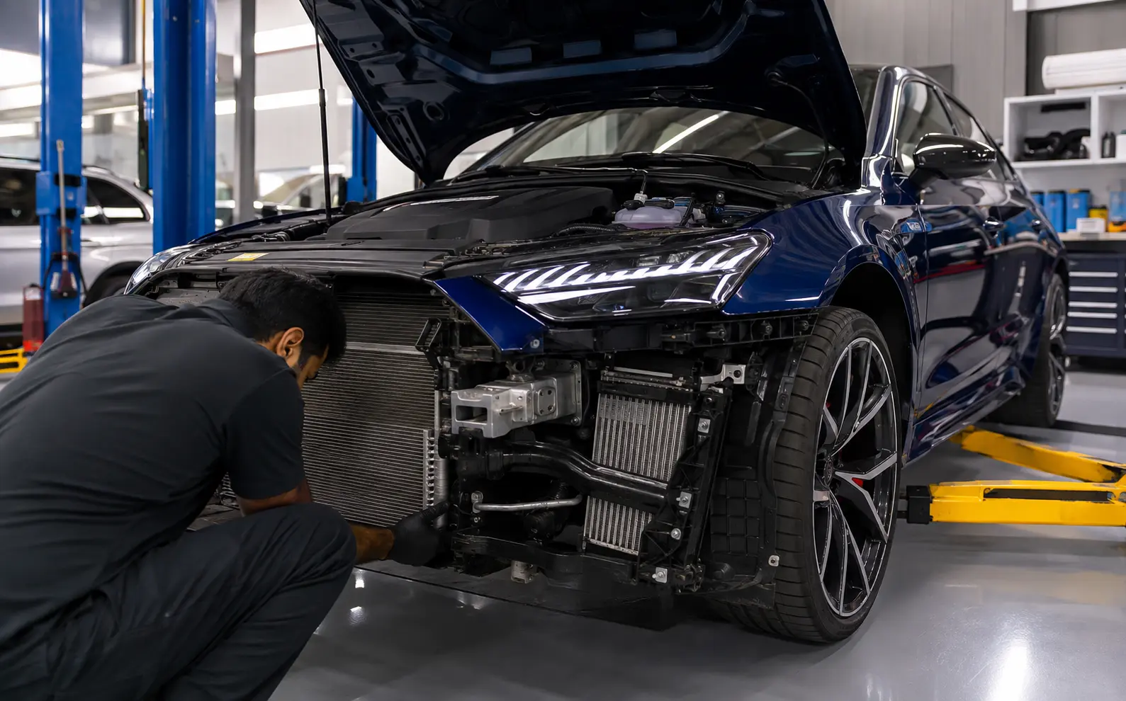 Technician inspecting Audi RS AC components in a Dubai workshop