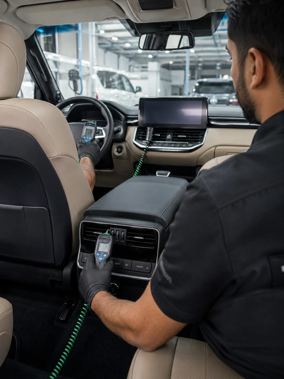 Technician comparing front and rear AC vent temperatures during Nissan SUV cabin diagnosis