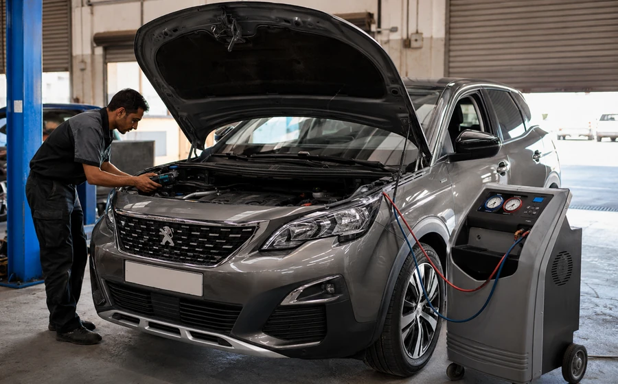Peugeot AC system diagnostic with condenser airflow and vent temperature testing