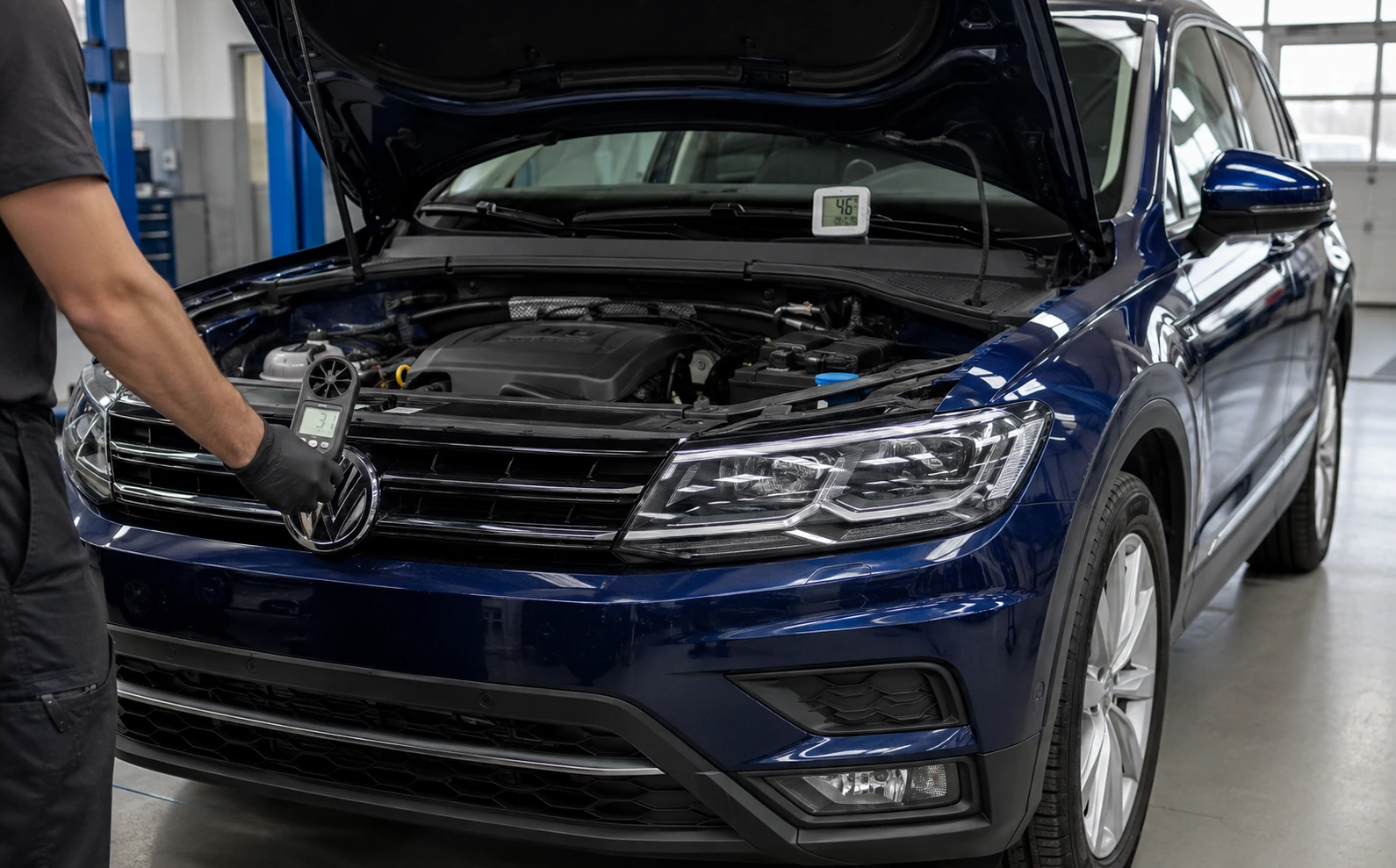 Volkswagen AC cooling diagnostic with condenser airflow and cabin vent temperature testing