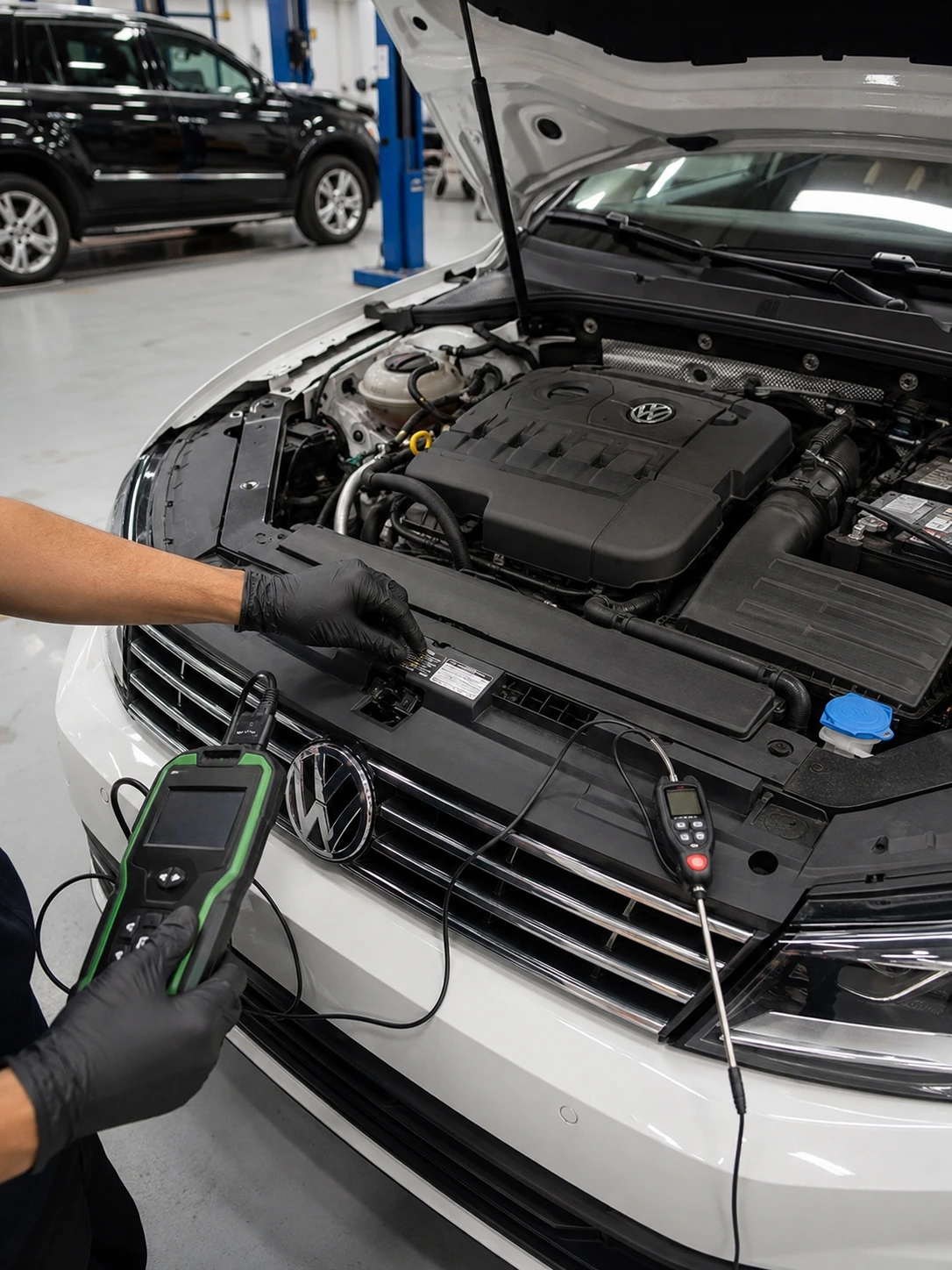 Volkswagen AC specification diagnostic with refrigerant label, scan tool and vent temperature check